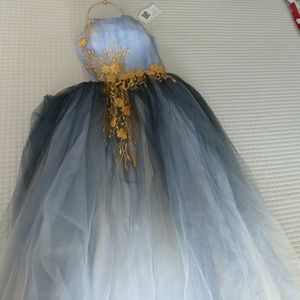 Tulle, backless, blue & gold floral dress